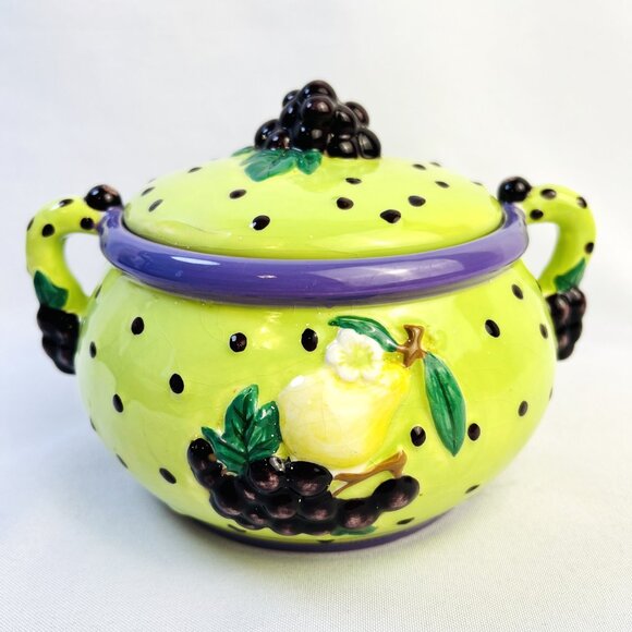 CBK Purple & Lime Green Ceramic Whimsical Vintage Lidded Pot Grapes Pears 7” - Picture 8 of 10